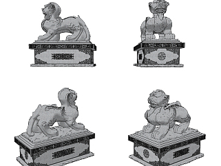 中式石头貔貅石狮子龙雕塑摆件su草图模型下载