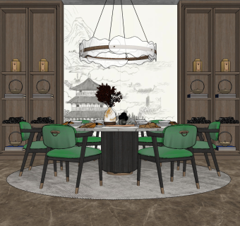 新中式餐桌椅组合su草图模型下载