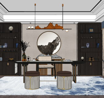 新中式书房,su草图模型下载