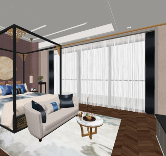 新中式卧室su草图模型下载