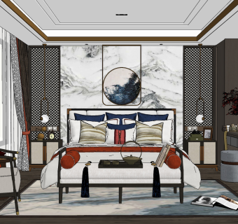 新中式卧室,su草图模型下载