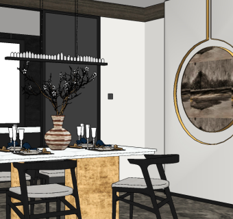 现代新中式餐厅su草图模型下载