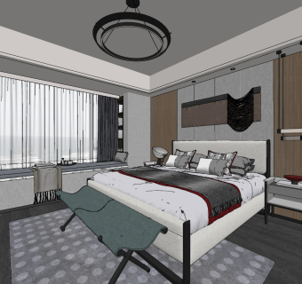 新中式卧室,su草图模型下载
