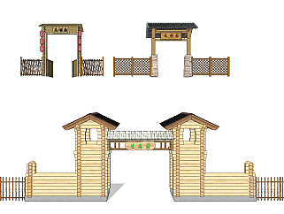 新中式山庄<em>度假村大门</em>,门楼栅栏围墙su草图模型下载