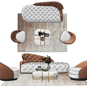现代皮革贵妃椅，卧榻，美人靠沙发茶几组合su草图模型下载