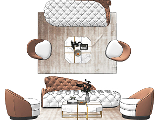 现代皮革贵妃椅，卧榻，美人靠沙发茶几组合su草图模型下载
