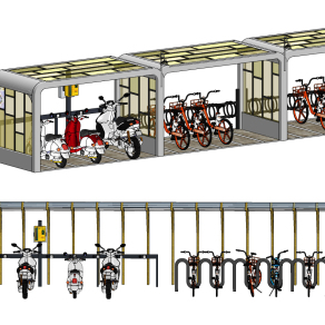 现代自行车棚,停车棚su草图模型下载