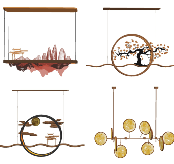 新中式禅意装饰吊灯,su草图模型下载