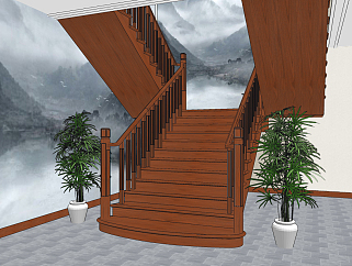 新中式实木楼梯su草图模型下载