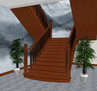 新中式实木楼梯su草图模型下载
