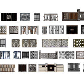 新中式庭院大门护栏构件su草图模型下载