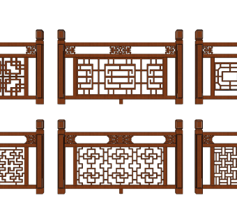 中式实木花格栏杆组合su草图模型下载
