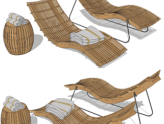 现代实木编织户外躺椅su草图模型下载