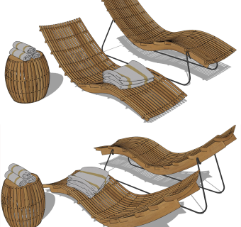 现代实木编织户外躺椅su草图模型下载