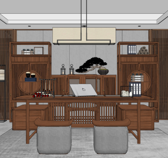 新中式风格书房su草图模型下载