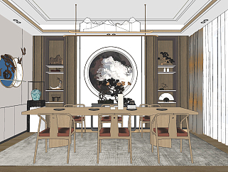 新中式茶室餐厅su草图模型下载