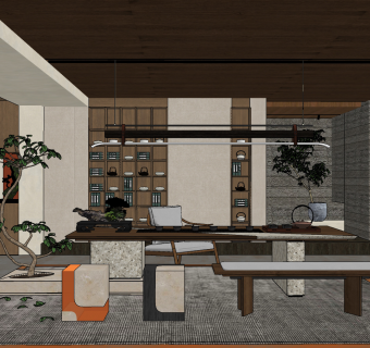 新中式茶室su草图模型下载