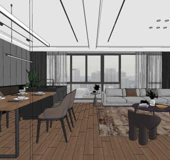 现代客餐厅su草图模型下载