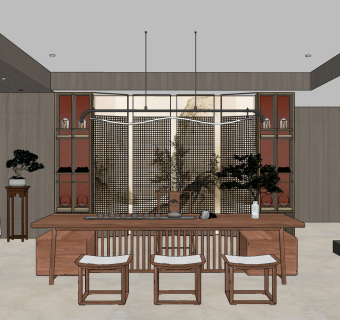 新中式茶室su草图模型下载