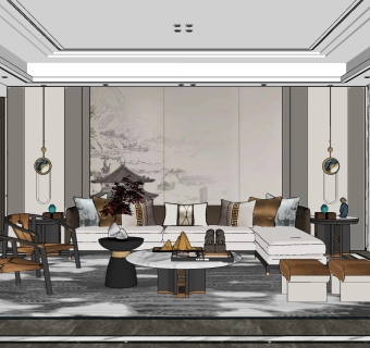 新中式客厅,su草图模型下载