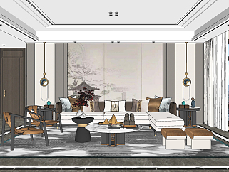 新中式客厅,su草图模型下载