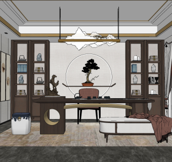 新中式书房su草图模型下载