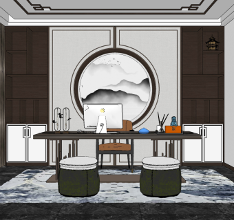 新中式书房su草图模型下载