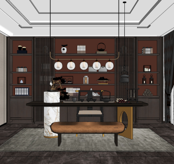 新中式书房,su草图模型下载