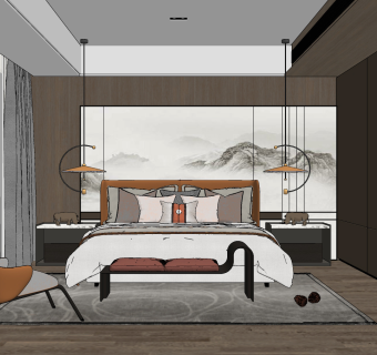 新中式卧室su草图模型下载