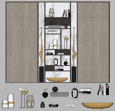 现代风格衣柜,摆件su草图模型下载