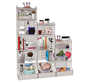 现代儿童房置物架,玩具柜及摆件组合su草图模型下载