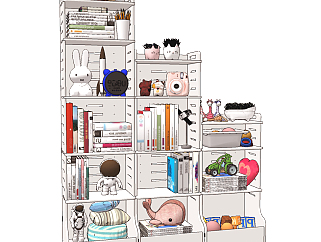 現代兒童房置物架,玩具柜及擺件組合su草圖模型下載