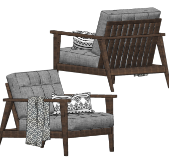 北欧现代实木布艺休闲椅su草图模型下载