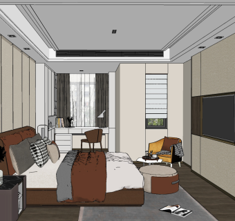 现代轻奢主卧室su草图模型下载