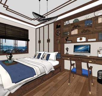 中式榻榻米书房su草图模型下载