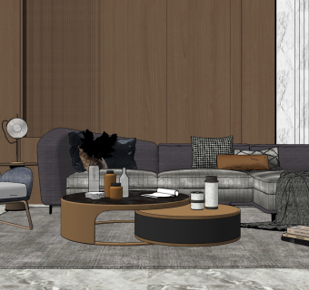 现代转角沙发茶几组合su草图模型下载