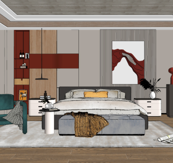 现代卧室主人房su草图模型下载