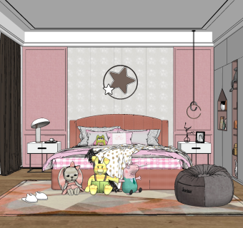 现代女儿房卧室,su草图模型下载