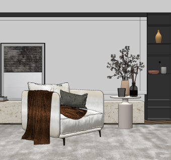 现代单人沙发,圆形边几,角几,摆件su草图模型下载