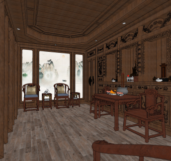 中式古典家具祠堂,su草图模型下载