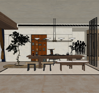 新中式茶室 su草图模型下载