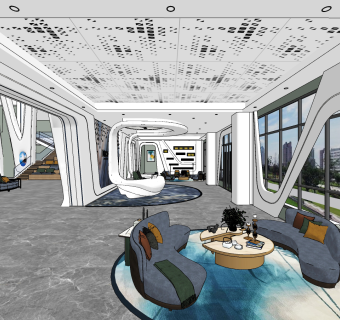 现代科技前台大厅,休息区su草图模型下载