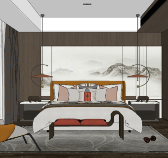 新中式卧室,su草图模型下载