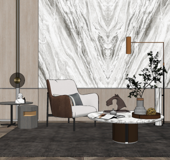 现代单椅茶几组合,su草图模型下载