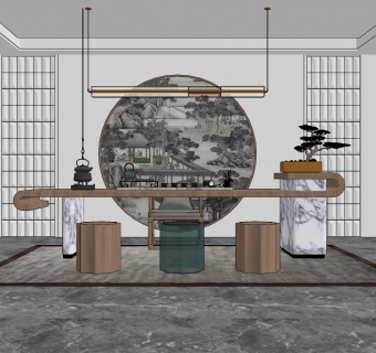 新中式茶室su草图模型下载
