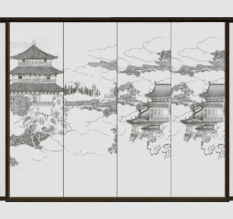 新中式电视背景墙,su草图模型下载