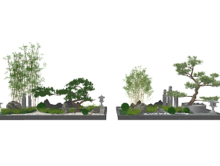 新中式竹子松树景观小景su草图模型下载
