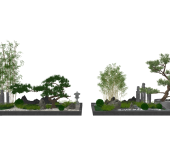 新中式竹子松树景观小景su草图模型下载