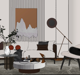 现代轻奢客厅su草图模型下载