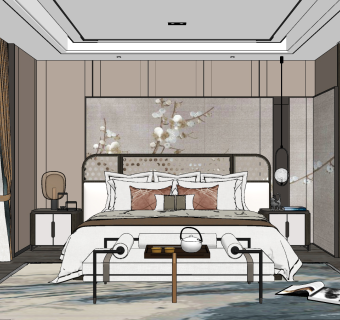 新中式样板间卧室su草图模型下载